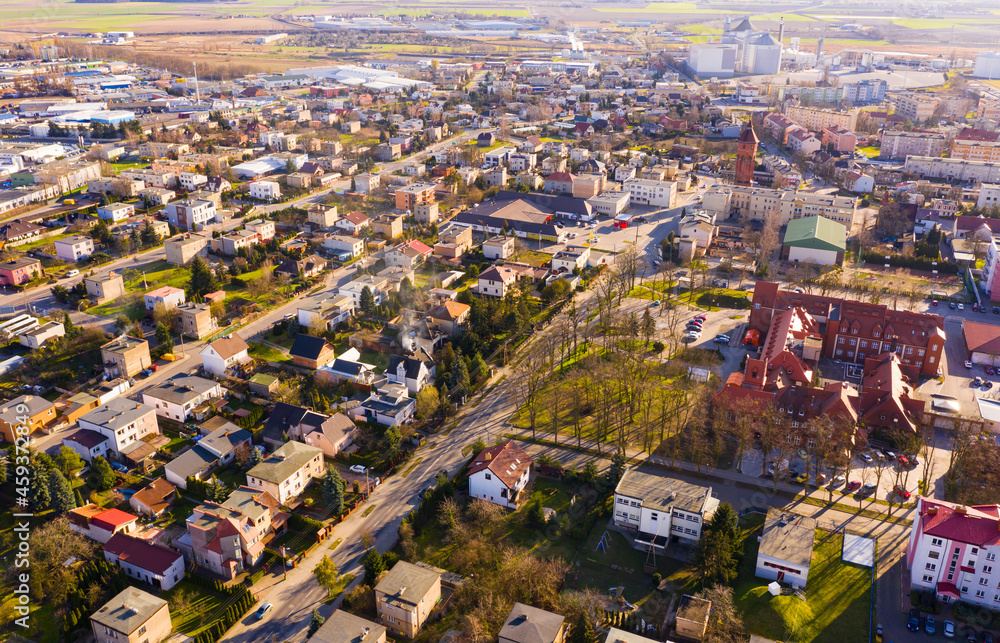 Panoramic view from the drone on the city Sroda Wielkopolska. Poland