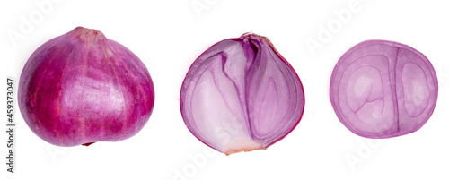 Top view onions with slice on white background.