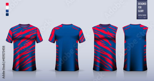 Blue T-shirt sport, Soccer jersey, football kit, basketball uniform, tank top, and running singlet mockup. Fabric pattern design. Vector.