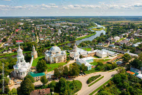 Cityscape of Torzhok, Russia. Borisoglebsky monastery and Church of the Annunciation of the Blessed Virgin visible from above.
