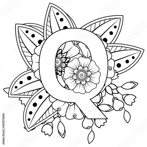 Letter Q with Mehndi flower. decorative ornament in ethnic oriental style. coloring book page. 