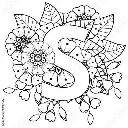 Letter S with Mehndi flower. decorative ornament in ethnic oriental style. coloring book page. 