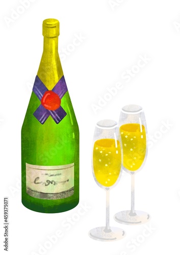 シャンパン　グラスとボトル