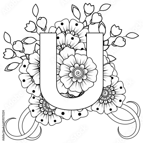 Letter U with Mehndi flower. decorative ornament in ethnic oriental style. coloring book page. 