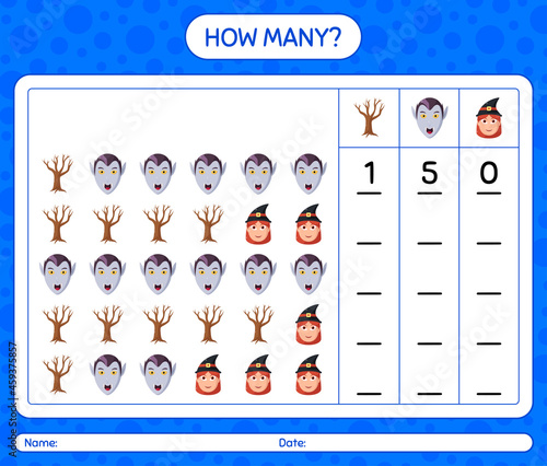 How many counting game with halloween icon. worksheet for preschool kids, kids activity sheet