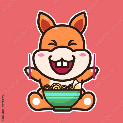 
vector illustration of cute squirrel eating noodles