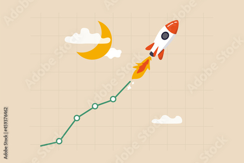 Trading stock or crypto price rising high to the moon, crypto currency value soaring sky rocket, get rich or make profit investment, rocket stock or crypto currency graph flying high to the moon.
