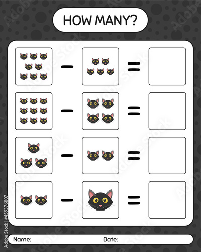 How many counting game with cat. worksheet for preschool kids, kids activity sheet