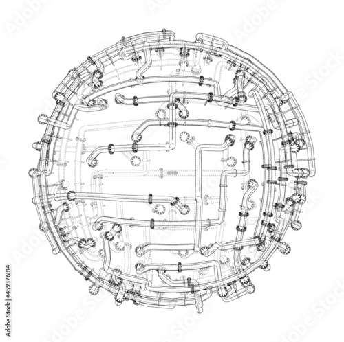 Pipes with flanges around a large sphere. Vector