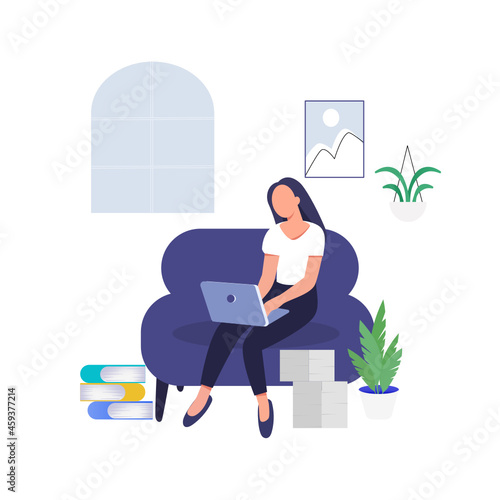 The lady sitting on the sofa and typing on keyboard.working from home.vector design.