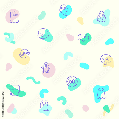 Vector illustration of a cute Ghost and Halloween. Collection of Frankenstein, Skeleton, Eyeball, spook, alien, boo and other elements. Isolated on beige.