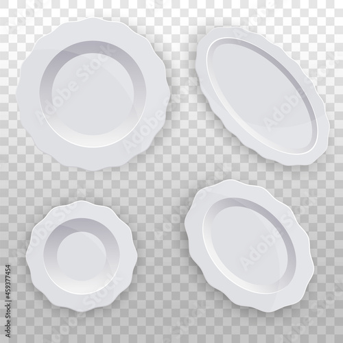 Set of white plates with a wavy edge. Clean tableware for the kitchen. Porcelain. Vector template for food display. Top view