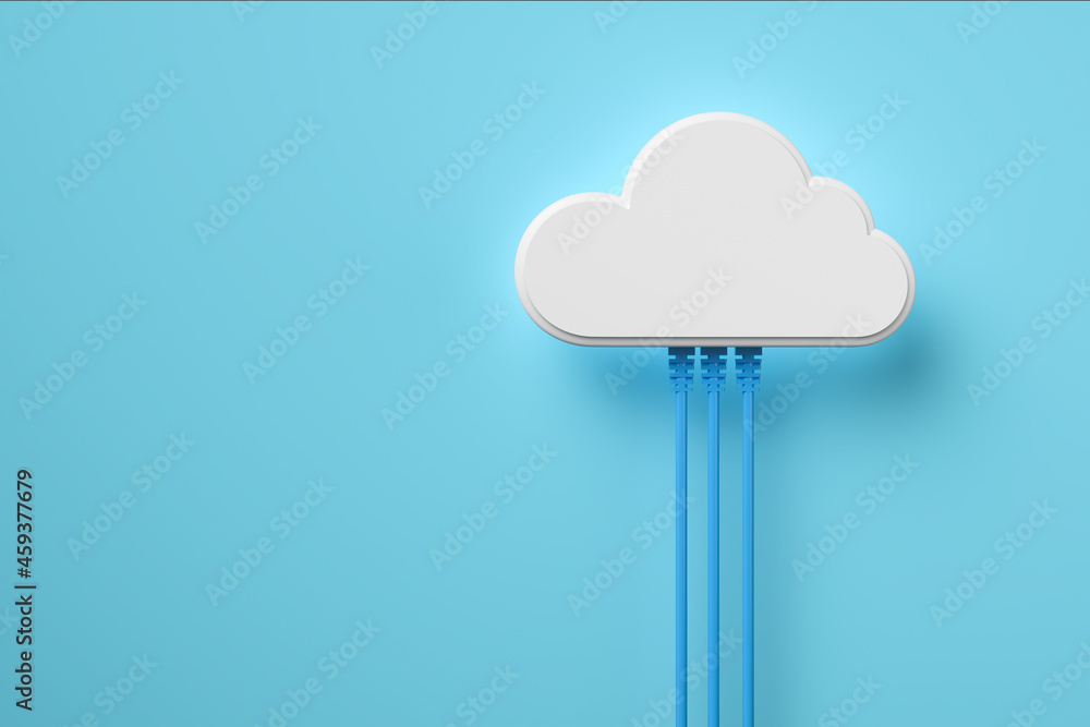 Cloud computing technology concept background, white cloud connect with network cable - obrazy, fototapety, plakaty 
