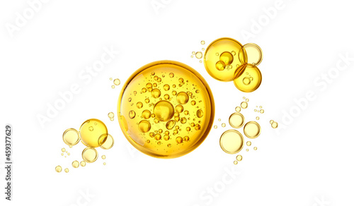 Fotografia, Obraz golden yellow Bubbles oil, collagen serum, juice,honey,beer, Olive oil, Cosmetic Liquid background, with Clipping Path