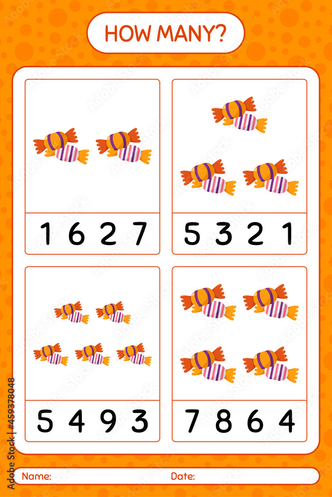How many counting game with candy. worksheet for preschool kids, kids activity sheet How many counting game with candy. worksheet for preschool kids, kids activity sheet