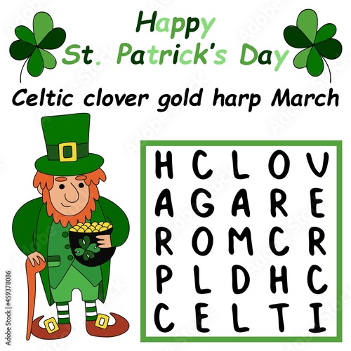 Happy Patrick Day word search puzzle for kids vector illustration. Help cartoon leprechaun to find all hidden words into puzzle. Word game in English for children printable activity page