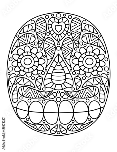 Happy skull with ornament coloring page for Day of the Dead vector illustration. Hand-drawn floral skull linear illustration isolated on white vector