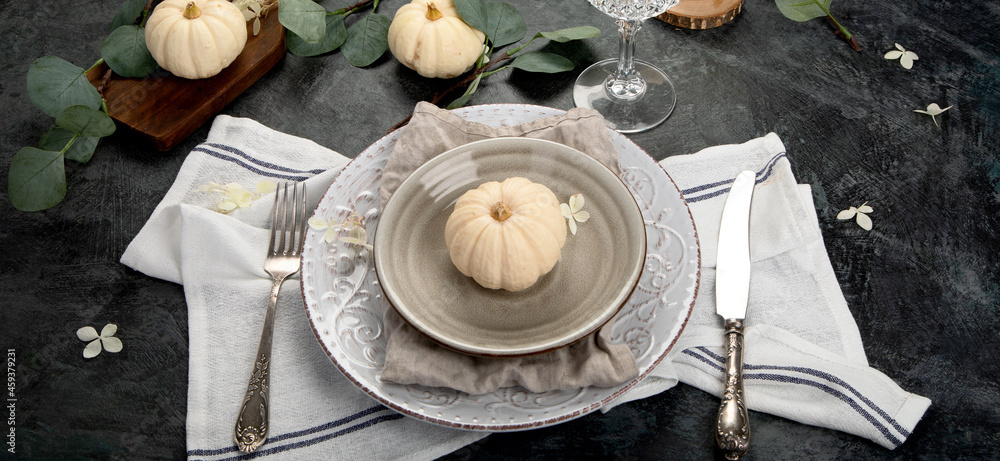 Harvest table setting on dark background. Harvest table setting on dark background.
