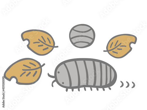 かわいいダンゴムシと枯れ葉のセット／手書きイラスト