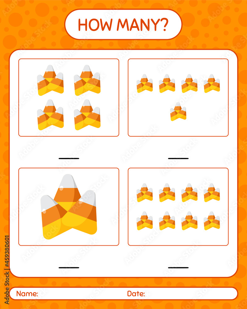 How many counting game with candy corn. worksheet for preschool kids, kids activity sheet