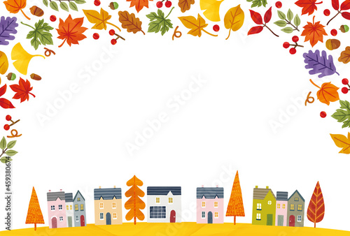 秋の紅葉の街並みかわいい手描き風ベクターイラスト