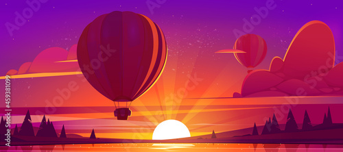 Sunset landscape with flying hot air balloons, lake and sun on horizon. Vector cartoon illustration of airships with baskets fly over river and coniferous forest on coast at evening