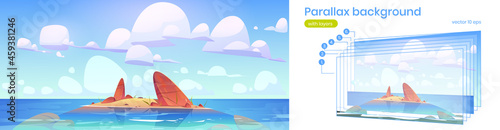 Sea landscape with small sand island with stones in water. Parallax background with layers for 2d animation. Vector cartoon illustration of seascape with rocks and clouds in sky