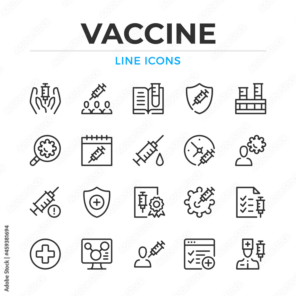Vaccine line icons set. Modern outline elements, graphic design concepts, simple symbols collection. Vector line icons - obrazy, fototapety, plakaty 