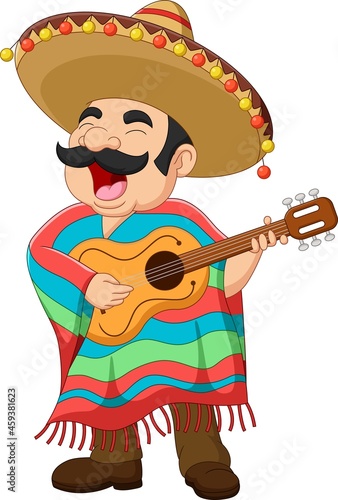 Cartoon Mexican man playing the guitar and singing