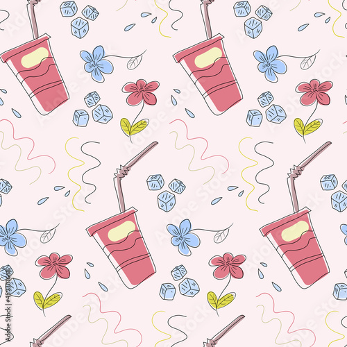 Abstract pattern with cups, ice cubes, and flowers and wavy lines. Seamless vector pattern.