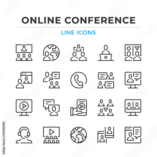 Online conference line icons set. Modern outline elements, graphic design concepts, simple symbols collection. Vector line icons