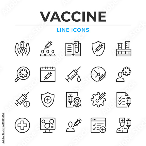Vaccine line icons set. Modern outline elements, graphic design concepts, simple symbols collection. Vector line icons