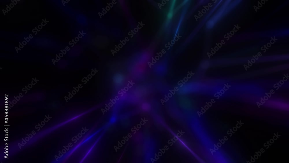 Blurry light spots deep in the black screen emit bright rainbow rays that intersect and disappear. Optical fiber. Seamless loop. Blurry light spots deep in the black screen emit bright rainbow rays that intersect and disappear. Optical fiber. Seamless loop.
