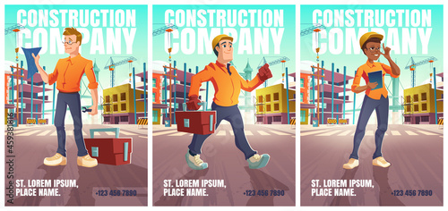 Construction company posters with people in helmet on city street with building works. Vector flyers with cartoon illustration of cityscape with construction site, girl architect and workers