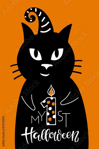My 1st Halloween lettering sign on orange background. Black cat with witch's cap and Celebration quote for baby Halloween. Halloween Flat Vector illustration for festive home decor, invitation, gifts