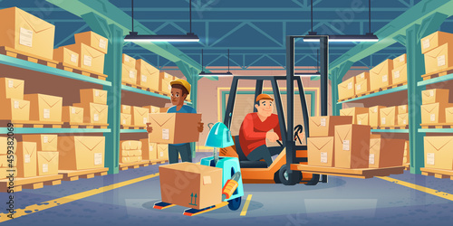 Warehouse with worker in forklift, man and robot holding cardboard boxes. Vector cartoon illustration of storage room interior with goods on metal racks, lift truck with driver and autonomous robot
