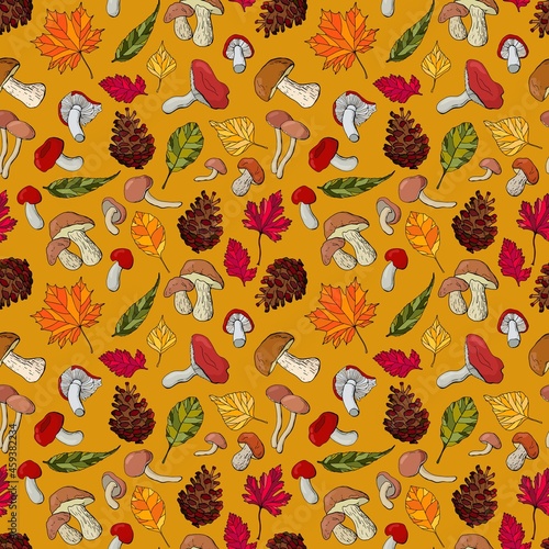 Autumnal seamless pattern with mushrooms, acorns, pine cones and leaves. Design for fabric, textile, wallpaper, packaging.	