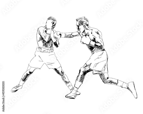 Boxing. Boxers are fighting a duel isolated on a white background. Black and white graphics. Drawn vector illustration © Bee enk