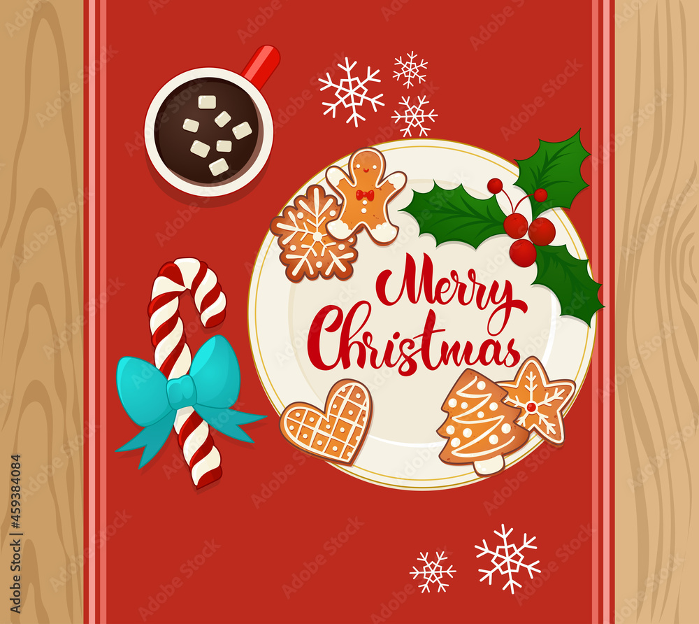 Naklejka premium Plate with gingerbread Christmas cookies with hot cocoa. Hand lettering composition. Top view vector illustration for new year and winter holiday design.