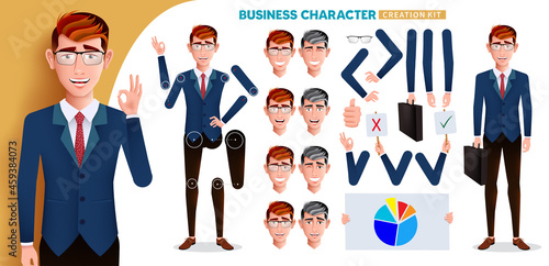 Business man character kit vector set. Businessman creation characters with hand gestures and head facial expressions editable for job employee body parts creator design. Vector illustration.
