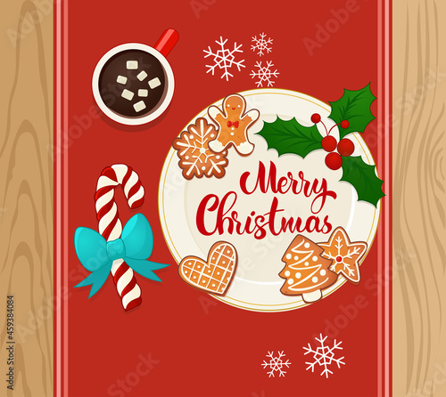 Plate with gingerbread Christmas cookies with hot cocoa. Hand lettering composition. Top view vector illustration for new year and winter holiday design.