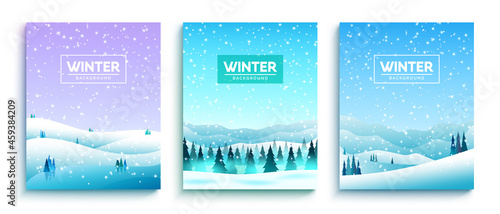 Winter background vector set. Winter text in snowy forest landscape with snowfall, fir trees and mountain elements for cold snow season banner design. Vector illustration.
