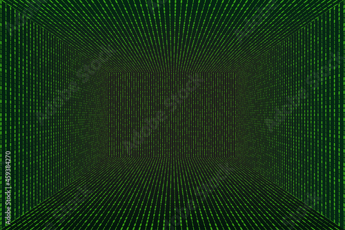 3d Grid perspective room in matrix technology style. Virtual reality tunnel or wormhole. Abstract binary computer code background
