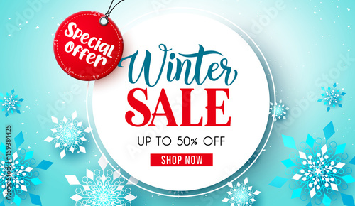 Winter sale text vector template. Winter sale special offer in circle frame space in snow flakes background for business clearance promo banner ads design. Vector illustration.
