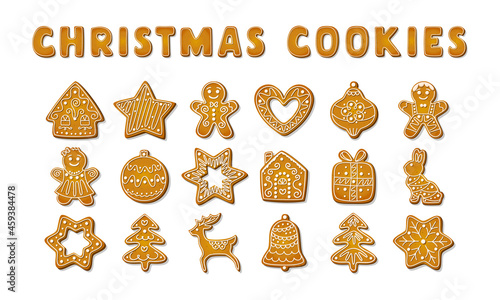Christmas gingerbread cookies. Festive biscuits in shape of house and gingerbread man, tree and reindeer, star and snowflake, bell and heart, gift and rabbit shapes. Cartoon Vector illustration