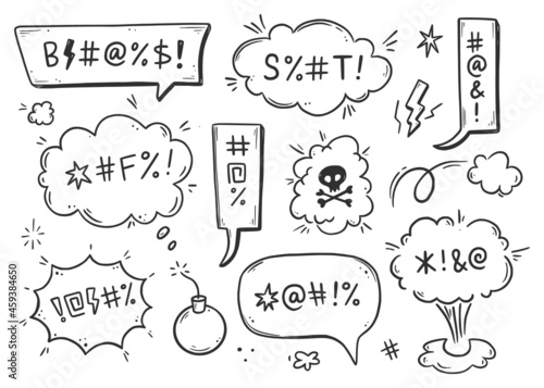 Swear word speech bubble set. Curse, rude, swear word for angry, bad, negative expression. Hand drawn doodle sketch style. Vector illustration.