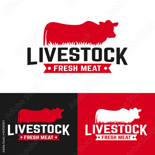 Livestock Logo with Silhouette of Cow. Suitable for Farm Livestock Cattle Ranch Butchers Butchery Deli Meat Shop Market in Vintage Hipster Retro Style Logo Design Template.