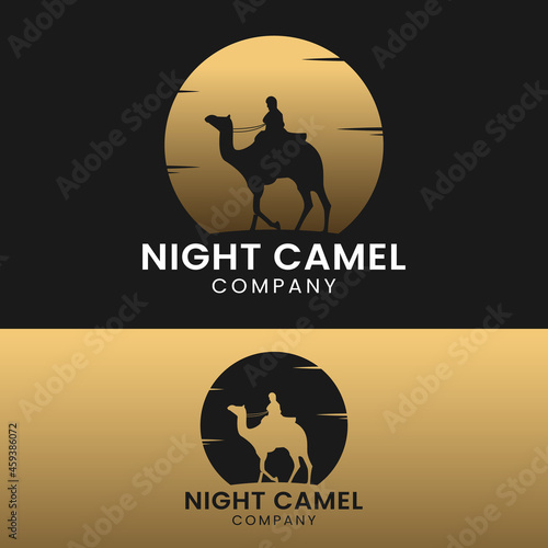 People Riding on Camel and Golden Moon Logo Design Template. Suitable for General Transportation Travel Tourism Company Studio Business Brand Logo Design.