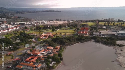 Beautiful birds eye view of Rotorua lakeshore, New Zealand. Polynesian Spa, Blue Baths, Rotorua Museum, Events Centre and Goverment Gardens photo