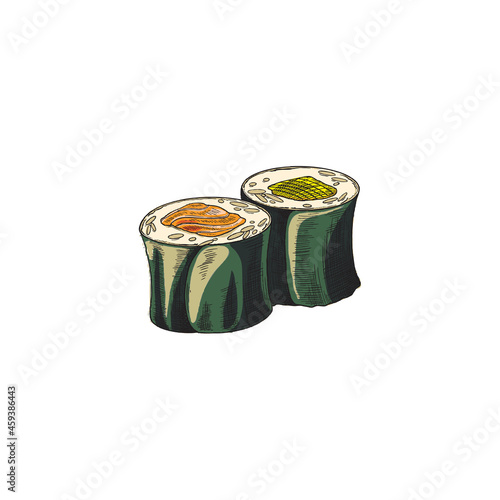 Sushi maki in color vintage sketch style vector illustration isolated on white